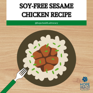 Image with the text Soy Free Sesame Chicken Recipe and a plate of rice and sesame chicken on it