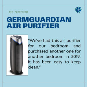an image with the text Germ Guardian Air Purifier and text describing the benfits of the machine