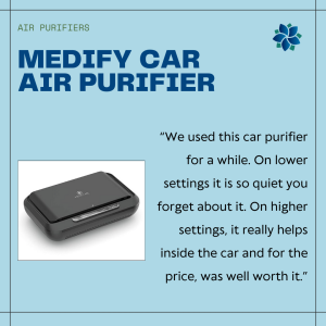 an image with the text Medify Car Air Purifier and text describing the benefits of the machine