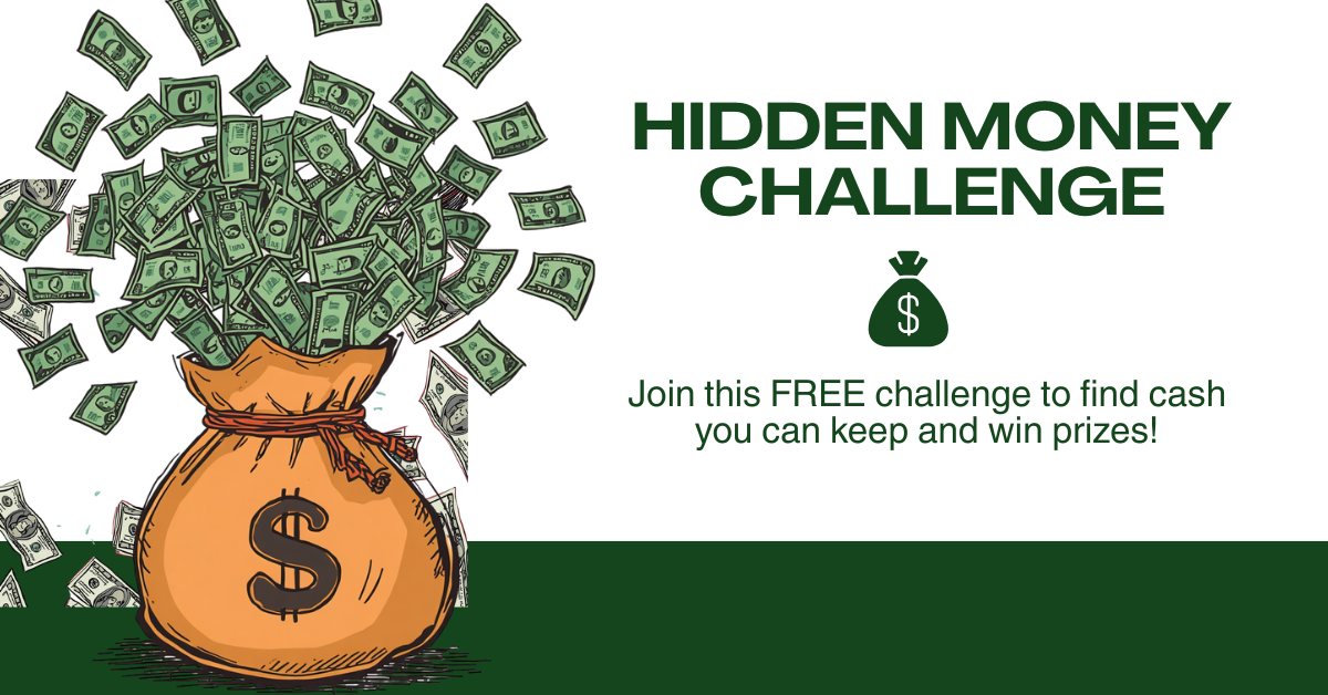 image of a bag of cash exploding and the words hidden Money challenge