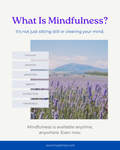 A graphic with the title What is mindfullness? a picture of lavendar in a field and a mountain in the distance for a blog on mindfullness for Hope Health and Wellness Advocacy and Coaching